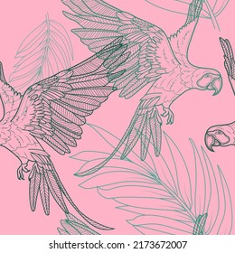 Seamless tropical pattern with leaves and parrots. Vector linear illustration on a pink background.