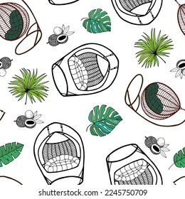Seamless tropical pattern from leaves and wicker chairs. Vector stock illustration eps10.