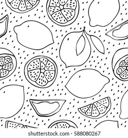 Seamless tropical pattern with lemons, limes, oranges. Vector black and white background with fruits, decorative nature texture