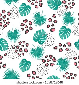 Seamless tropical pattern with leopard print and palm leaves.