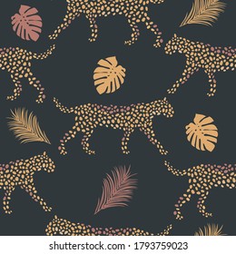 Seamless tropical  pattern with leopards and palm leaves. Vector illustration.