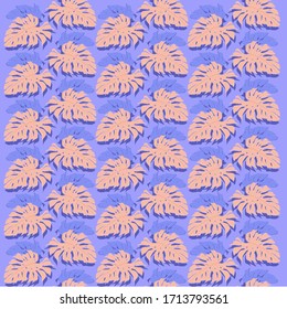 Diseño tropical sin inconvenientes con plantas de lila y monstera naranja claro sobre un fondo lila. Fondo vectorial para varias superficies. Las hojas de la selva. Patrón botánico. Papel pintado exótico.