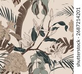 Seamless tropical pattern with line leaves, flowers and plants. Seamless exotic pattern with tropical plants. Exotic wallpaper. Trendy summer Hawaii print.