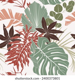Seamless tropical pattern with line leaves and plants. Seamless exotic pattern with tropical plants. Exotic wallpaper. Trendy summer Hawaii print.