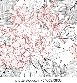 Seamless tropical pattern with line leaves and plants. Seamless exotic pattern with tropical plants. Exotic wallpaper. Trendy summer Hawaii print.