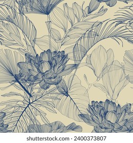 Seamless tropical pattern with line leaves and plants. Seamless exotic pattern with tropical plants. Exotic wallpaper. Trendy summer Hawaii print.