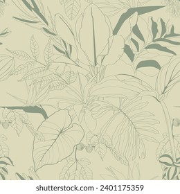 Patrón tropical sin foco con hojas de línea, flores y plantas. Patrón exótico sin foco con plantas tropicales. Papel de pared exótico. Impresión Hawaii de verano de moda.