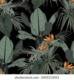 Patrón tropical sin foco con hojas de línea, flores y plantas. Patrón exótico sin foco con plantas tropicales. Papel de pared exótico. Impresión Hawaii de verano de moda.