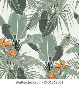 Patrón tropical sin foco con hojas de línea, flores y plantas. Patrón exótico sin foco con plantas tropicales. Papel de pared exótico. Impresión Hawaii de verano de moda.