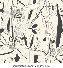 Seamless tropical pattern with line leaves, flowers and plants. Seamless exotic pattern with tropical plants. Exotic wallpaper. Trendy summer Hawaii print.