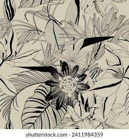 Seamless tropical pattern with line leaves, flowers and plants. Seamless exotic pattern with tropical plants. Exotic wallpaper. Trendy summer Hawaii print.