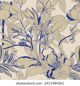 Seamless tropical pattern with line leaves, flowers and plants. Seamless exotic pattern with tropical plants. Exotic wallpaper. Trendy summer Hawaii print.