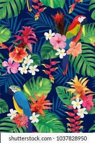 Seamless tropical pattern with macaw bird, guzmania, hibiscus flowers and palm leaves background. Vector set of exotic tropical garden for holiday invitation, greeting card and textile fashion design.