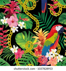 Padrão tropical sem costura com pássaro arara, guzmania, flores de hibisco e fundo de folhas de palmeira. Conjunto vetorial de jardim tropical exótico para convite de férias, cartão de saudação e design de moda têxtil.