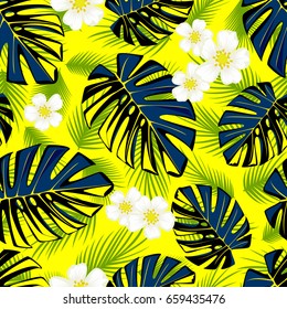 Seamless tropical pattern with monstera green leaves and white flowers.