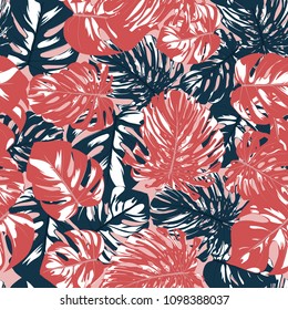 Seamless Tropical Pattern with Monstera Leaves. Hand-drawn Background with Philodendron in Watercolor Style. Exotic Graphic Illustration with Jungle Foliage. Vector Seamless Tropical Leaves Pattern.