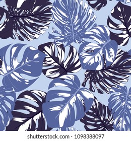Seamless Tropical Pattern with Monstera Leaves. Hand-drawn Background with Philodendron in Watercolor Style. Exotic Graphic Illustration with Jungle Foliage. Vector Seamless Tropical Leaves Pattern.