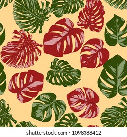 Seamless Tropical Pattern with Monstera Leaves. Hand-drawn Background with Philodendron in Watercolor Style. Exotic Graphic Illustration with Jungle Foliage. Vector Seamless Tropical Leaves Pattern.