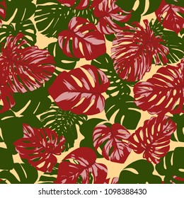 Seamless Tropical Pattern with Monstera Leaves. Hand-drawn Background with Philodendron in Watercolor Style. Exotic Graphic Illustration with Jungle Foliage. Vector Seamless Tropical Leaves Pattern.
