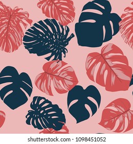 Seamless Tropical Pattern with Monstera Leaves. Hand-drawn Background with Philodendron in Watercolor Style. Exotic Graphic Illustration with Jungle Foliage. Vector Seamless Tropical Leaves Pattern.