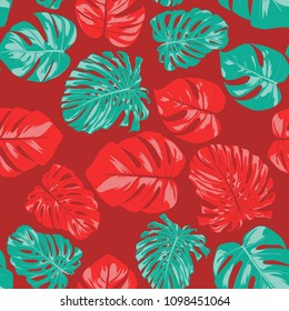 Seamless Tropical Pattern with Monstera Leaves. Hand-drawn Background with Philodendron in Watercolor Style. Exotic Graphic Illustration with Jungle Foliage. Vector Seamless Tropical Leaves Pattern.