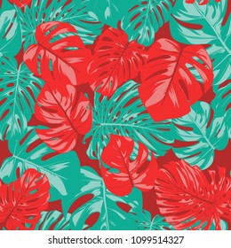 Seamless Tropical Pattern with Monstera Leaves. Hand-drawn Background with Philodendron in Watercolor Style. Exotic Graphic Illustration with Jungle Foliage. Vector Seamless Tropical Leaves Pattern.