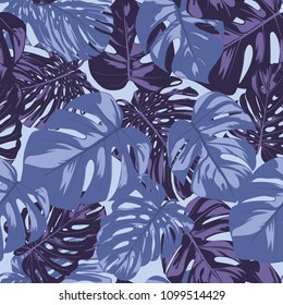 Seamless Tropical Pattern with Monstera Leaves. Hand-drawn Background with Philodendron in Watercolor Style. Exotic Graphic Illustration with Jungle Foliage. Vector Seamless Tropical Leaves Pattern.