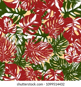 Seamless Tropical Pattern with Monstera Leaves. Hand-drawn Background with Philodendron in Watercolor Style. Exotic Graphic Illustration with Jungle Foliage. Vector Seamless Tropical Leaves Pattern.