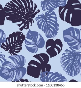 Seamless Tropical Pattern with Monstera Leaves. Hand-drawn Background with Philodendron in Watercolor Style. Exotic Graphic Illustration with Jungle Foliage. Vector Seamless Tropical Leaves Pattern.