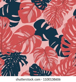 Seamless Tropical Pattern with Monstera Leaves. Hand-drawn Background with Philodendron in Watercolor Style. Exotic Graphic Illustration with Jungle Foliage. Vector Seamless Tropical Leaves Pattern.