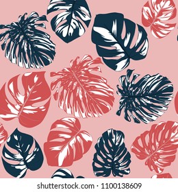 Seamless Tropical Pattern with Monstera Leaves. Hand-drawn Background with Philodendron in Watercolor Style. Exotic Graphic Illustration with Jungle Foliage. Vector Seamless Tropical Leaves Pattern.