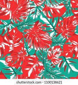 Seamless Tropical Pattern with Monstera Leaves. Hand-drawn Background with Philodendron in Watercolor Style. Exotic Graphic Illustration with Jungle Foliage. Vector Seamless Tropical Leaves Pattern.