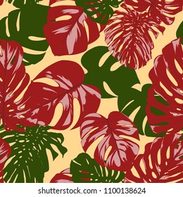 Seamless Tropical Pattern with Monstera Leaves. Hand-drawn Background with Philodendron in Watercolor Style. Exotic Graphic Illustration with Jungle Foliage. Vector Seamless Tropical Leaves Pattern.