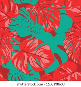 Seamless Tropical Pattern with Monstera Leaves. Hand-drawn Background with Philodendron in Watercolor Style. Exotic Graphic Illustration with Jungle Foliage. Vector Seamless Tropical Leaves Pattern.