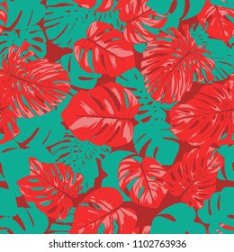 Seamless Tropical Pattern with Monstera Leaves. Hand-drawn Background with Philodendron in Watercolor Style. Exotic Graphic Illustration with Jungle Foliage. Vector Seamless Tropical Leaves Pattern.