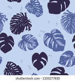 Seamless Tropical Pattern with Monstera Leaves. Hand-drawn Background with Philodendron in Watercolor Style. Exotic Graphic Illustration with Jungle Foliage. Vector Seamless Tropical Leaves Pattern.