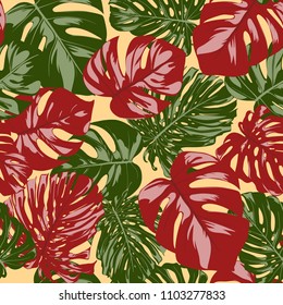 Seamless Tropical Pattern with Monstera Leaves. Hand-drawn Background with Philodendron in Watercolor Style. Exotic Graphic Illustration with Jungle Foliage. Vector Seamless Tropical Leaves Pattern.
