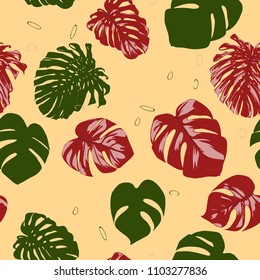 Seamless Tropical Pattern with Monstera Leaves. Hand-drawn Background with Philodendron in Watercolor Style. Exotic Graphic Illustration with Jungle Foliage. Vector Seamless Tropical Leaves Pattern.