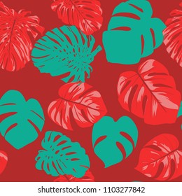 Seamless Tropical Pattern with Monstera Leaves. Hand-drawn Background with Philodendron in Watercolor Style. Exotic Graphic Illustration with Jungle Foliage. Vector Seamless Tropical Leaves Pattern.