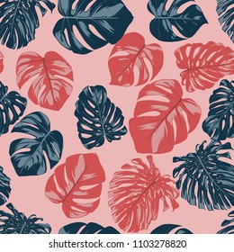 Seamless Tropical Pattern with Monstera Leaves. Hand-drawn Background with Philodendron in Watercolor Style. Exotic Graphic Illustration with Jungle Foliage. Vector Seamless Tropical Leaves Pattern.