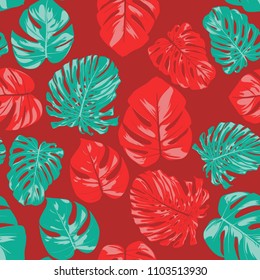 Seamless Tropical Pattern with Monstera Leaves. Hand-drawn Background with Philodendron in Watercolor Style. Exotic Graphic Illustration with Jungle Foliage. Vector Seamless Tropical Leaves Pattern.