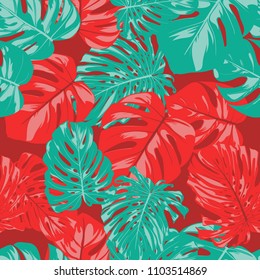 Seamless Tropical Pattern with Monstera Leaves. Hand-drawn Background with Philodendron in Watercolor Style. Exotic Graphic Illustration with Jungle Foliage. Vector Seamless Tropical Leaves Pattern.
