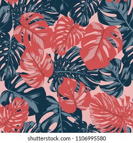 Seamless Tropical Pattern with Monstera Leaves. Hand-drawn Background with Philodendron in Watercolor Style. Exotic Graphic Illustration with Jungle Foliage. Vector Seamless Tropical Leaves Pattern.