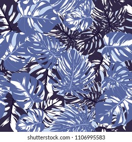 Seamless Tropical Pattern with Monstera Leaves. Hand-drawn Background with Philodendron in Watercolor Style. Exotic Graphic Illustration with Jungle Foliage. Vector Seamless Tropical Leaves Pattern.