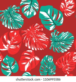 Seamless Tropical Pattern with Monstera Leaves. Hand-drawn Background with Philodendron in Watercolor Style. Exotic Graphic Illustration with Jungle Foliage. Vector Seamless Tropical Leaves Pattern.