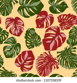Seamless Tropical Pattern with Monstera Leaves. Hand-drawn Background with Philodendron in Watercolor Style. Exotic Graphic Illustration with Jungle Foliage. Vector Seamless Tropical Leaves Pattern.