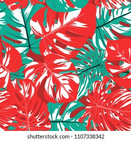 Seamless Tropical Pattern with Monstera Leaves. Hand-drawn Background with Philodendron in Watercolor Style. Exotic Graphic Illustration with Jungle Foliage. Vector Seamless Tropical Leaves Pattern.