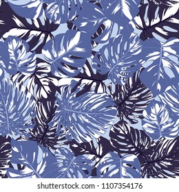 Seamless Tropical Pattern with Monstera Leaves. Hand-drawn Background with Philodendron in Watercolor Style. Exotic Graphic Illustration with Jungle Foliage. Vector Seamless Tropical Leaves Pattern.