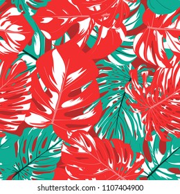 Seamless Tropical Pattern with Monstera Leaves. Hand-drawn Background with Philodendron in Watercolor Style. Exotic Graphic Illustration with Jungle Foliage. Vector Seamless Tropical Leaves Pattern.