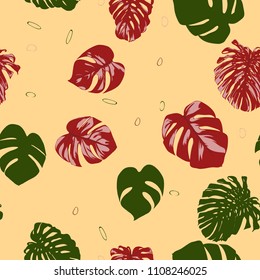 Seamless Tropical Pattern with Monstera Leaves. Hand-drawn Background with Philodendron in Watercolor Style. Exotic Graphic Illustration with Jungle Foliage. Vector Seamless Tropical Leaves Pattern.
